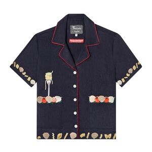 Tombolo - 'Vongole!' Cabana Shirt Crop Cut Navy 100% Linen - NWOT {S}